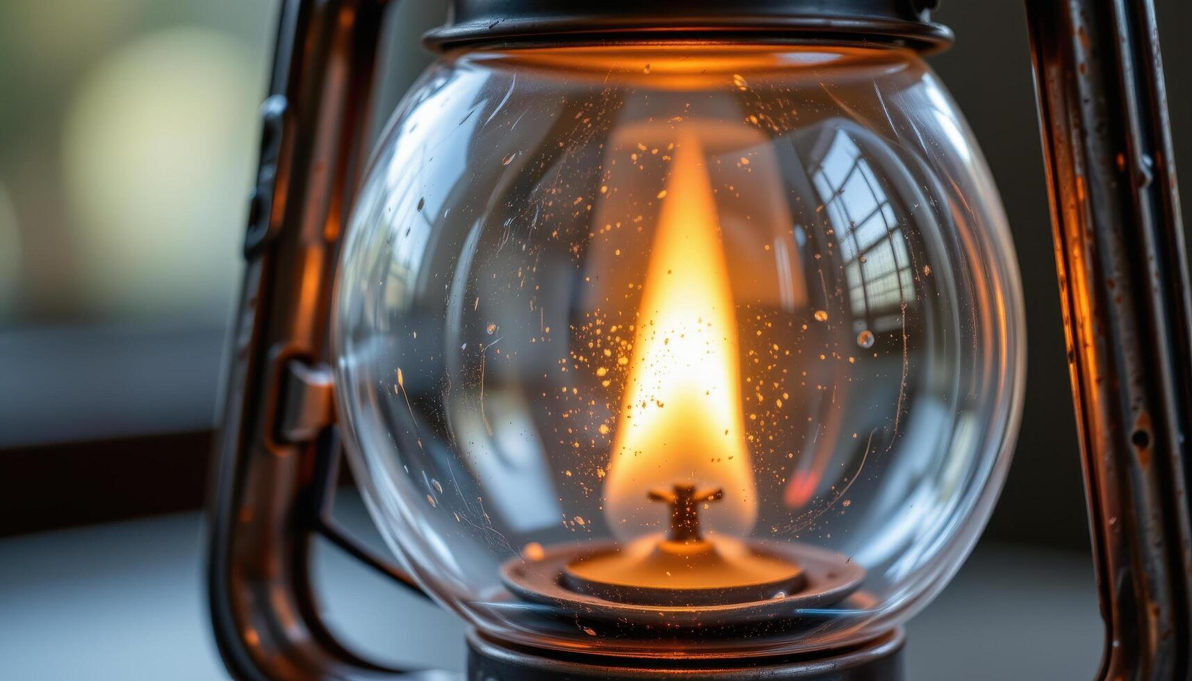 close up view of an oil lamp's flame flickering against a weathered glass chimney, casting soft shadows and subtle reflections. photo