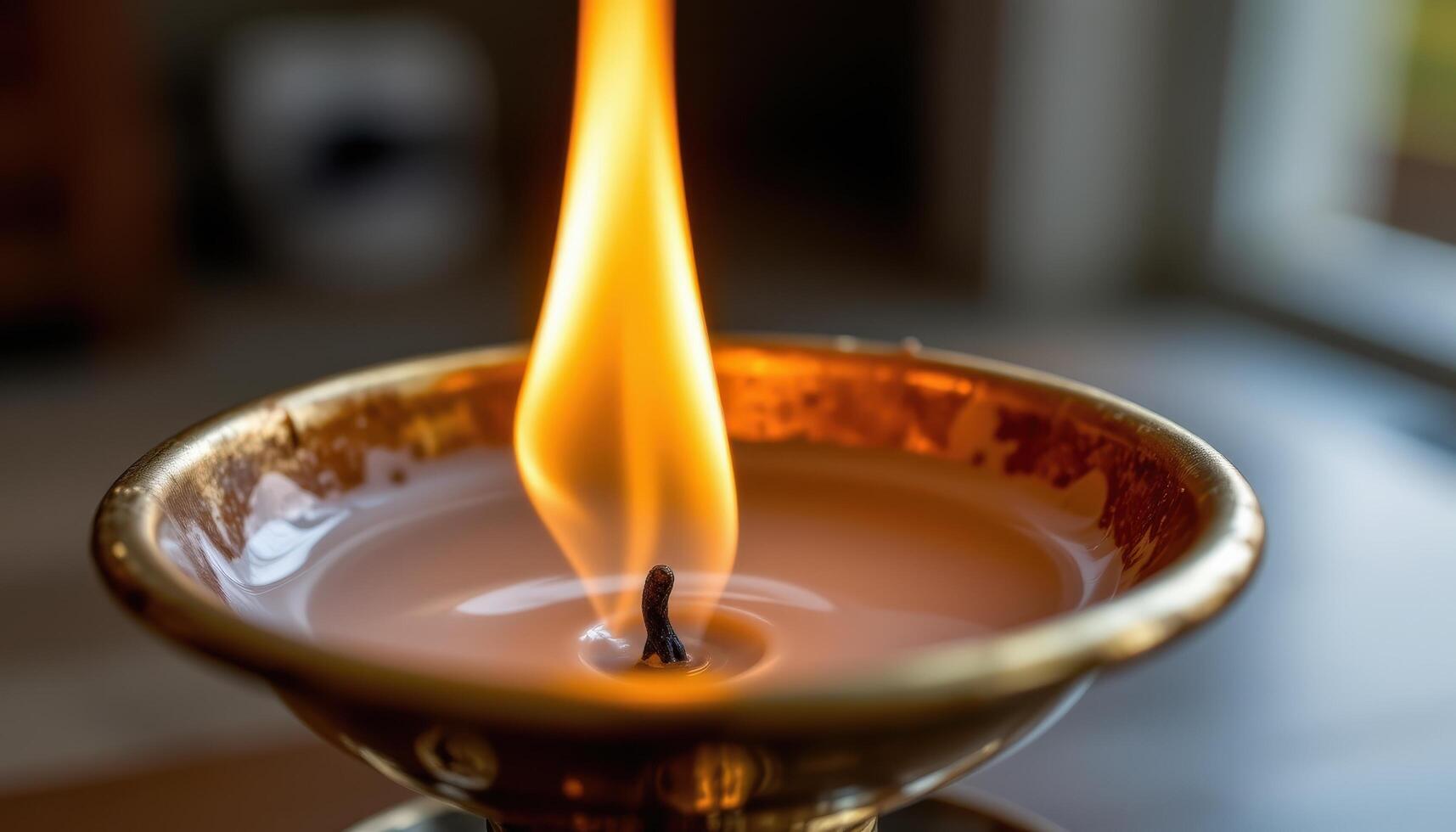 close up view of a twisting flame rising from an oil lamp, with golden reflections on the brass rim. photo