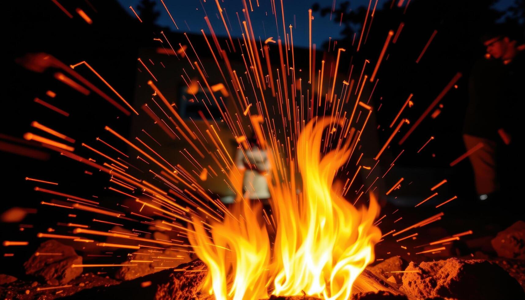 close up view of fiery trails left behind by fast moving sparks as they rise from a blazing campfire into the night air. photo