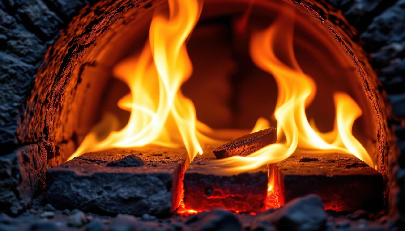 close up view of fiery tendrils wrapping around coal bricks inside a furnace. photo