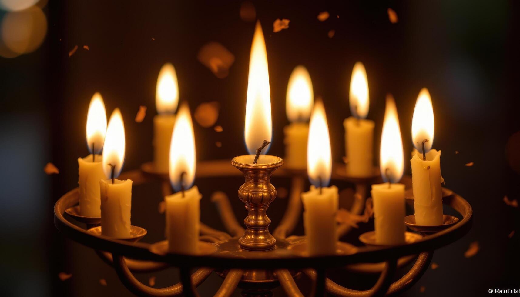 close up view of multiple candle flames burning in unison inside a circular metal candelabra, their flickering light casting dancing shadows. photo