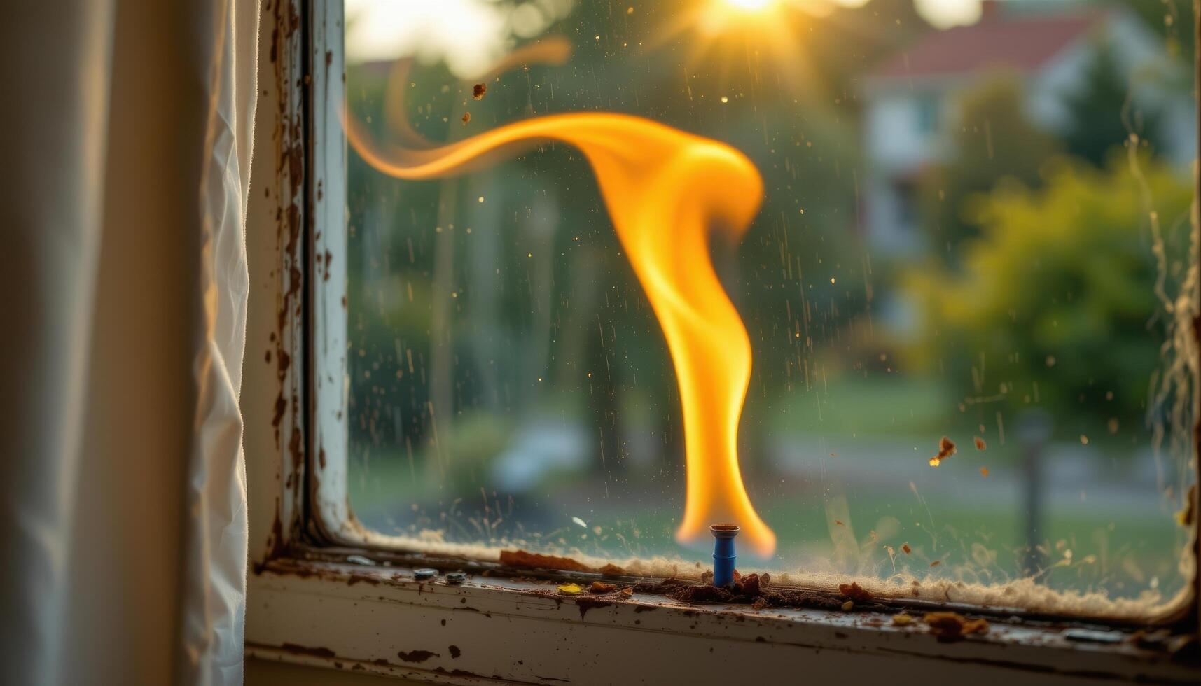 close up view of a flame bending sideways as a soft wind brushes through an open window. photo
