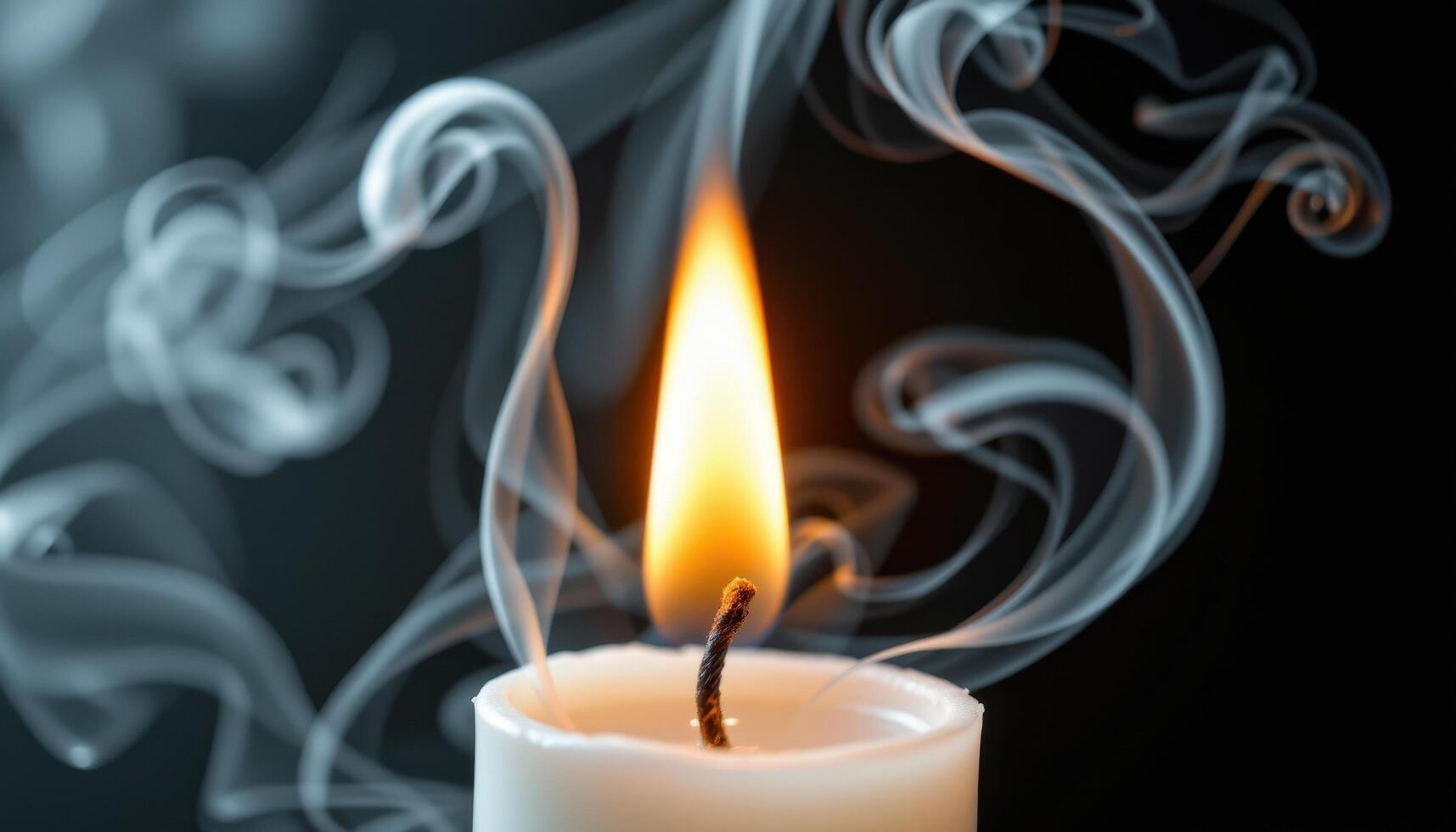 close up view of a slow burning candle flame surrounded by curling smoke tendrils rising upward. photo