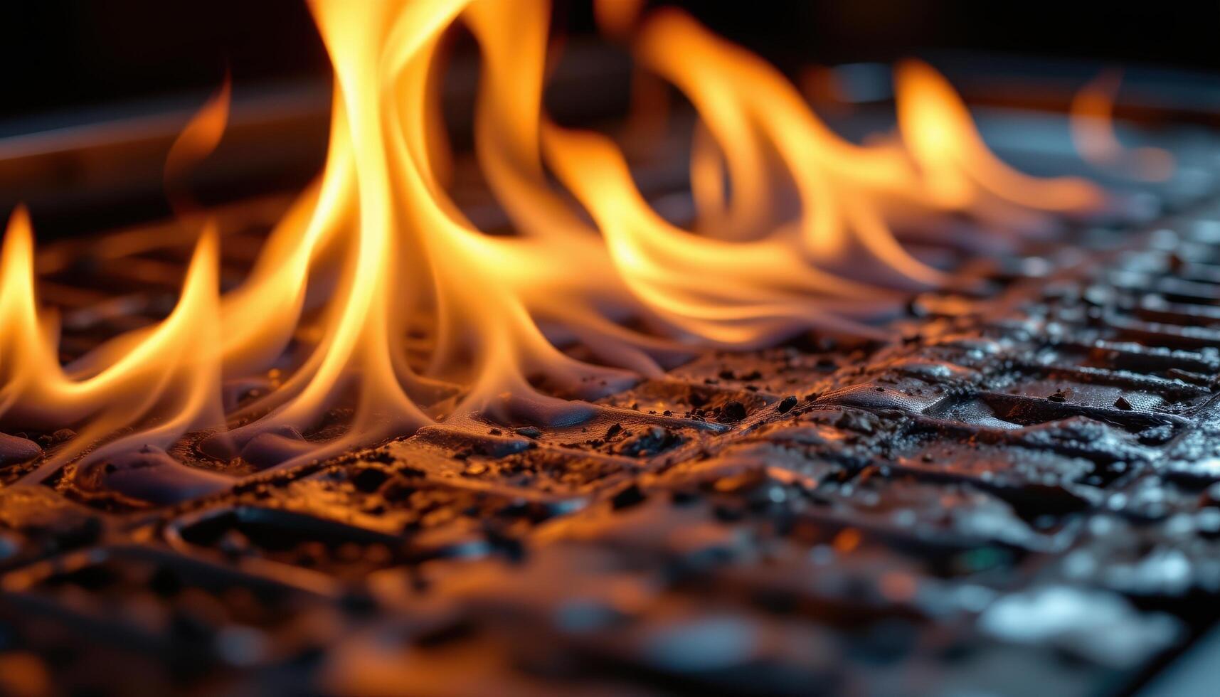 close up view of firelight shimmering across a metallic surface as flames rise and fall in rhythmic waves. photo