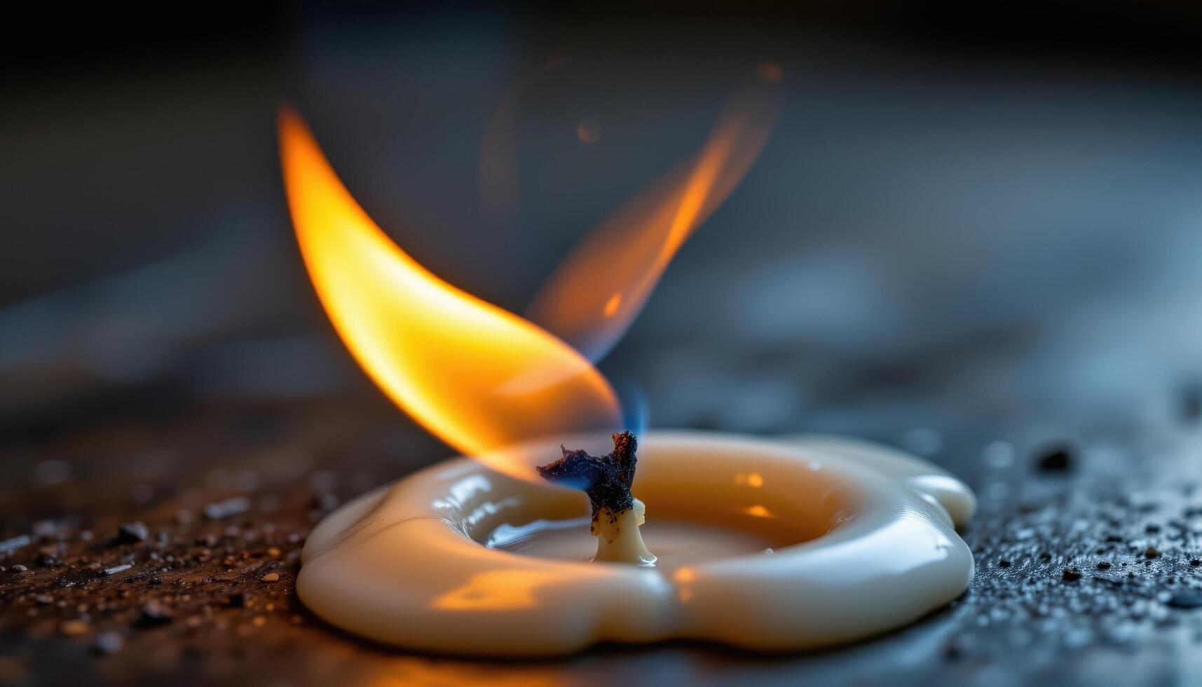 close up view of a candle flame distorted by a breeze, stretching sideways over melted wax. photo