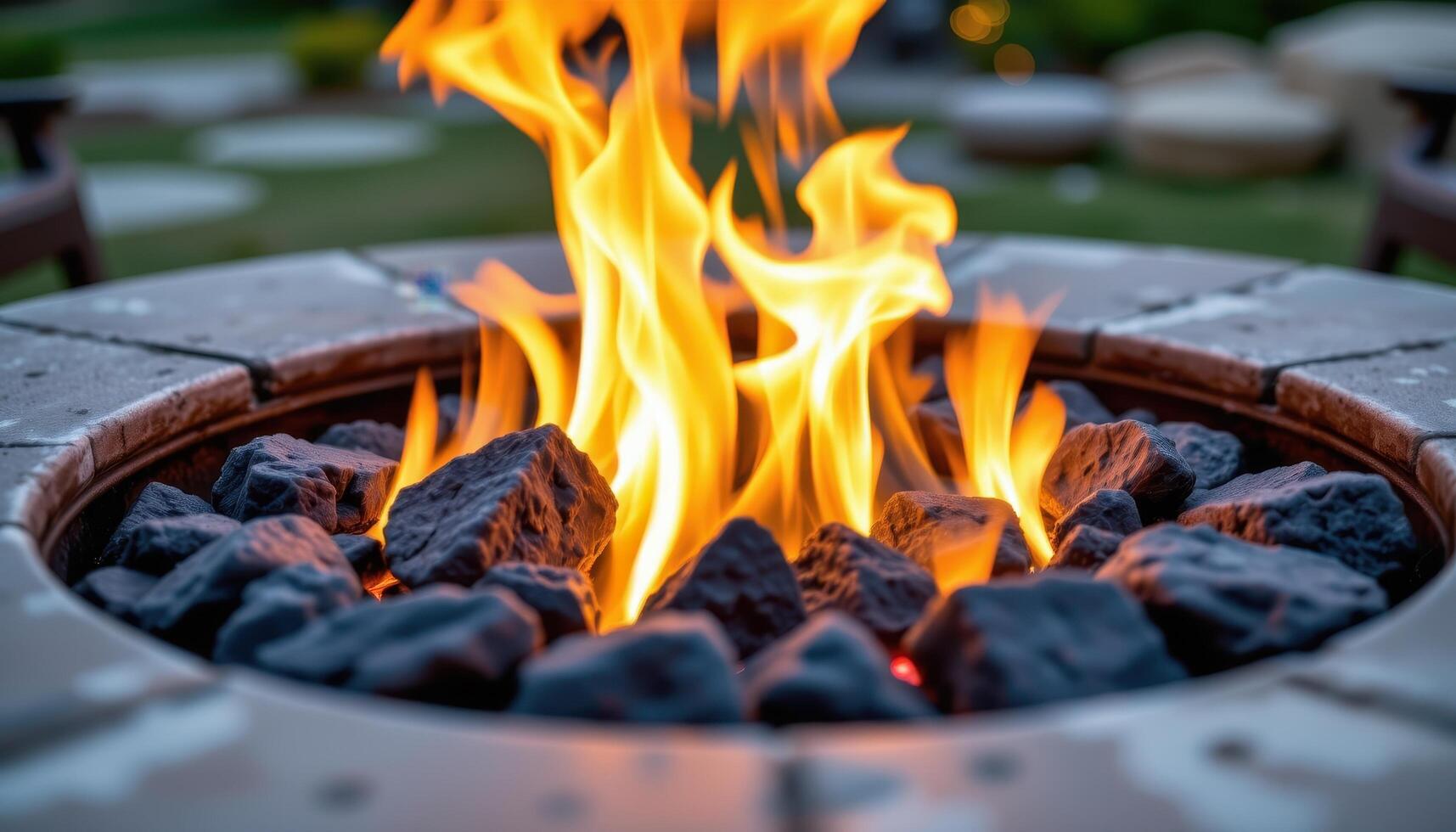 close up view of hot flames encircling lava rocks in a fire pit table. photo