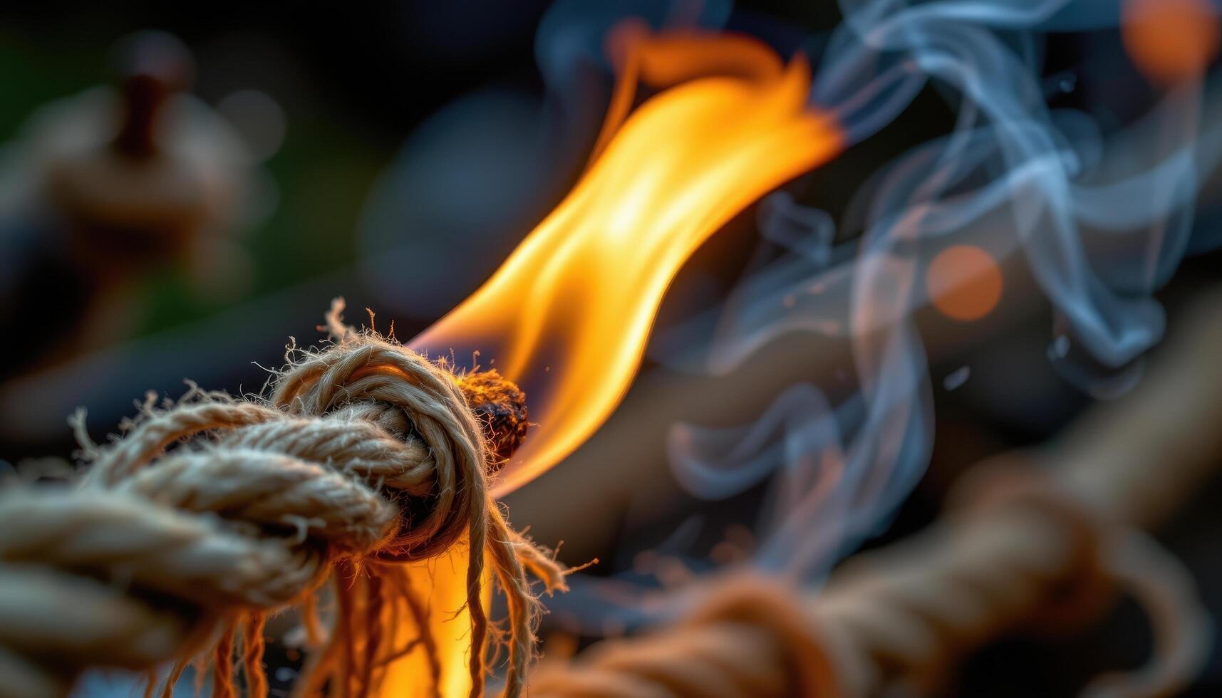 close up view of flames slowly crawling along a hemp rope, unraveling fibers in orange light. photo