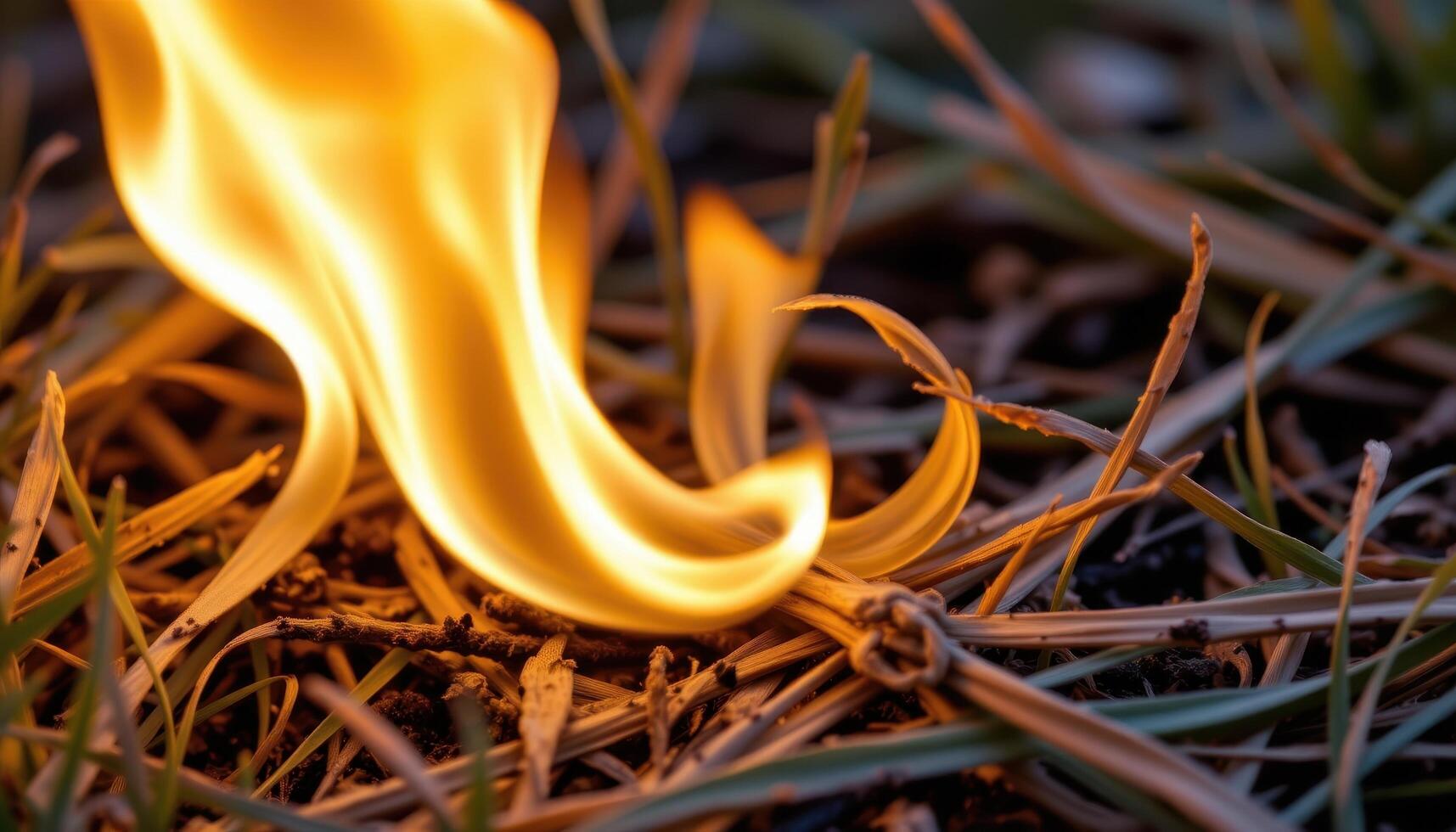 close up view of fire interacting with dry grass, curling and burning the blades. photo