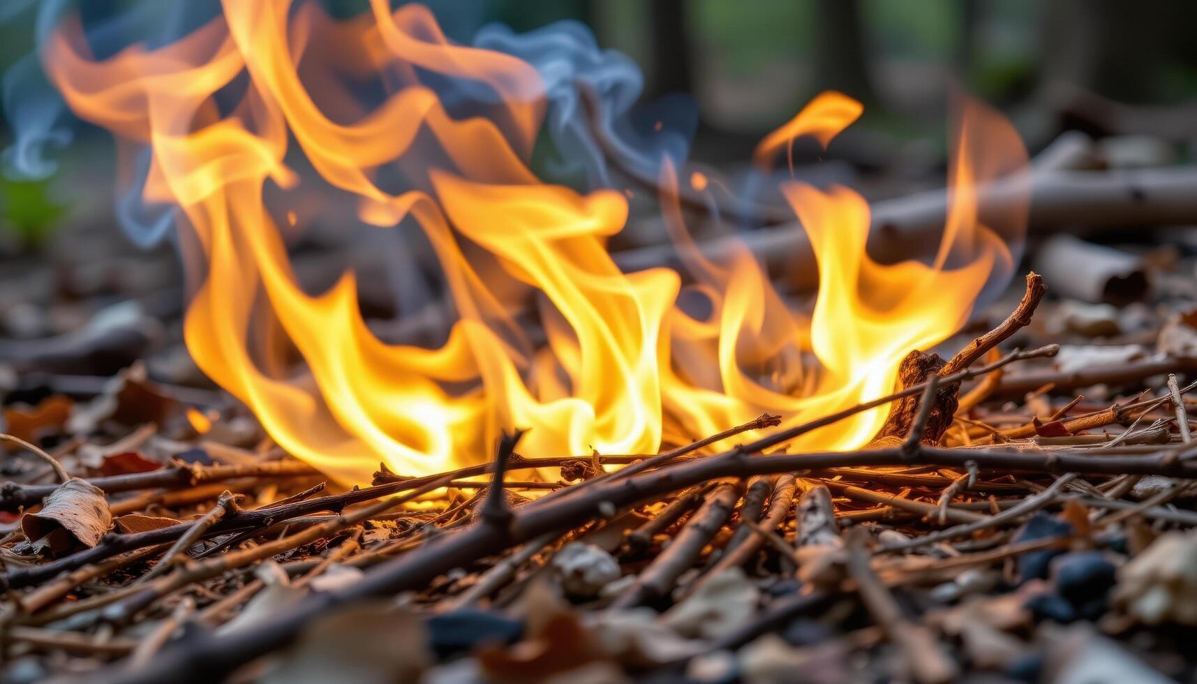 close up view of the vibrant tongues of fire licking the dry twigs and pine needles in a forest undergrowth, the flames spreading rapidly with crackling sounds. photo