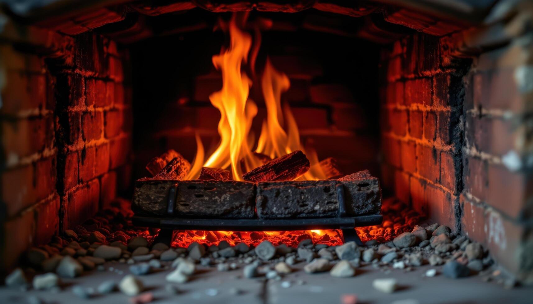 close up view of glowing embers beneath slow burning flames in a traditional brick fireplace, radiating warmth and subtle flickering light. photo