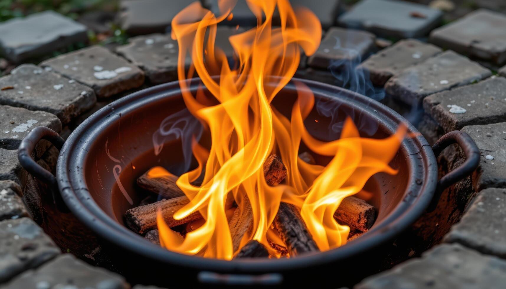 close up view of flames swirling around a metal brazier, their vibrant tongues of fire casting flickering shadows on nearby stone surfaces. photo