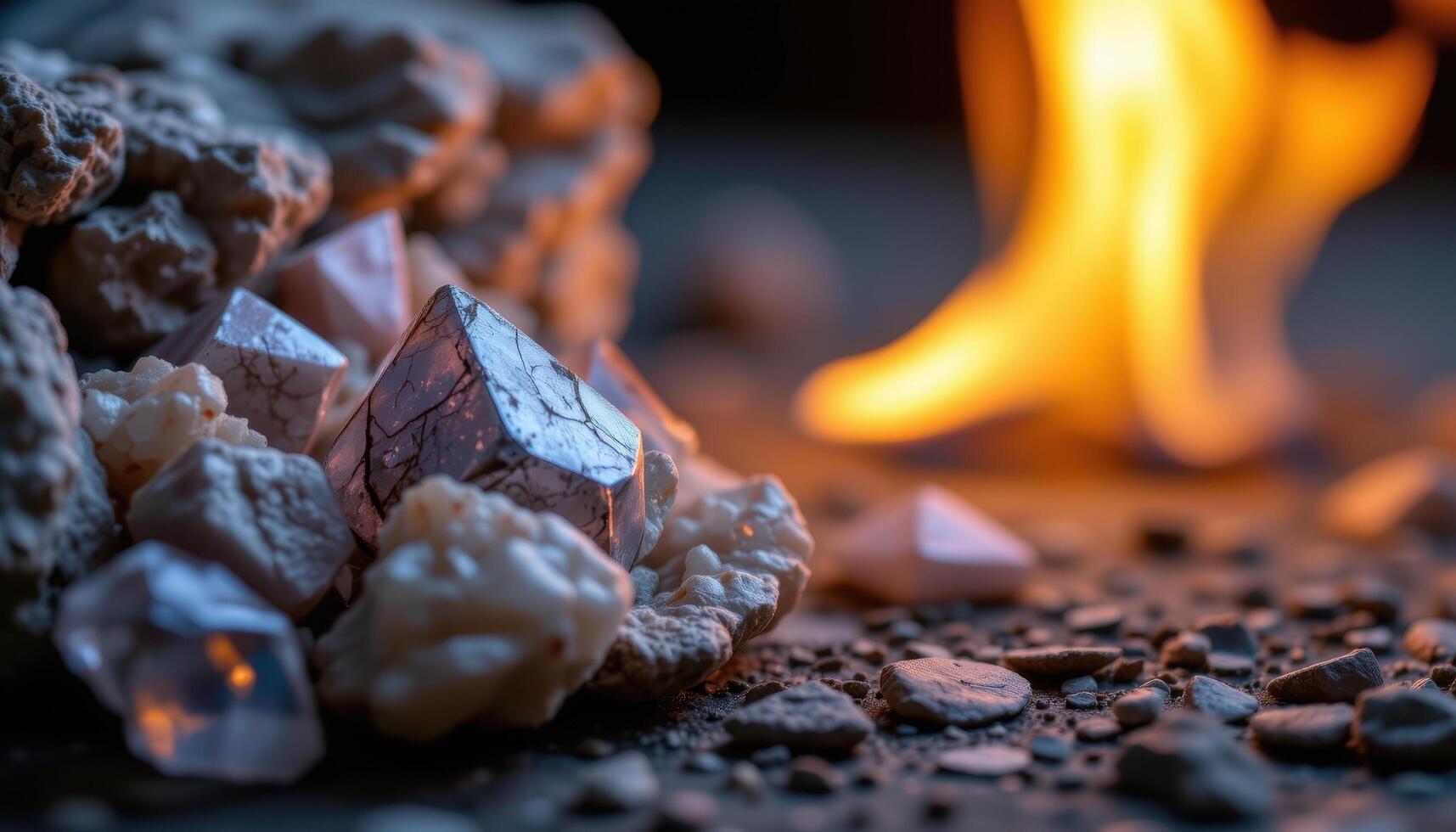 close up view of fire reflecting on jagged crystals placed nearby. photo