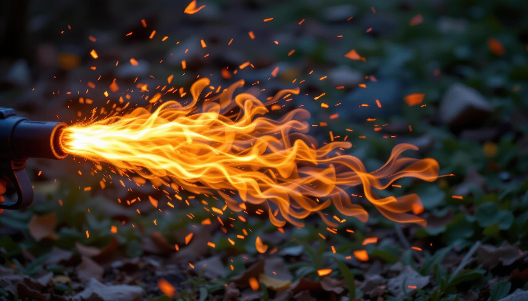 close up view of twisting fire trails following a burst of ignition from a flamethrower. photo