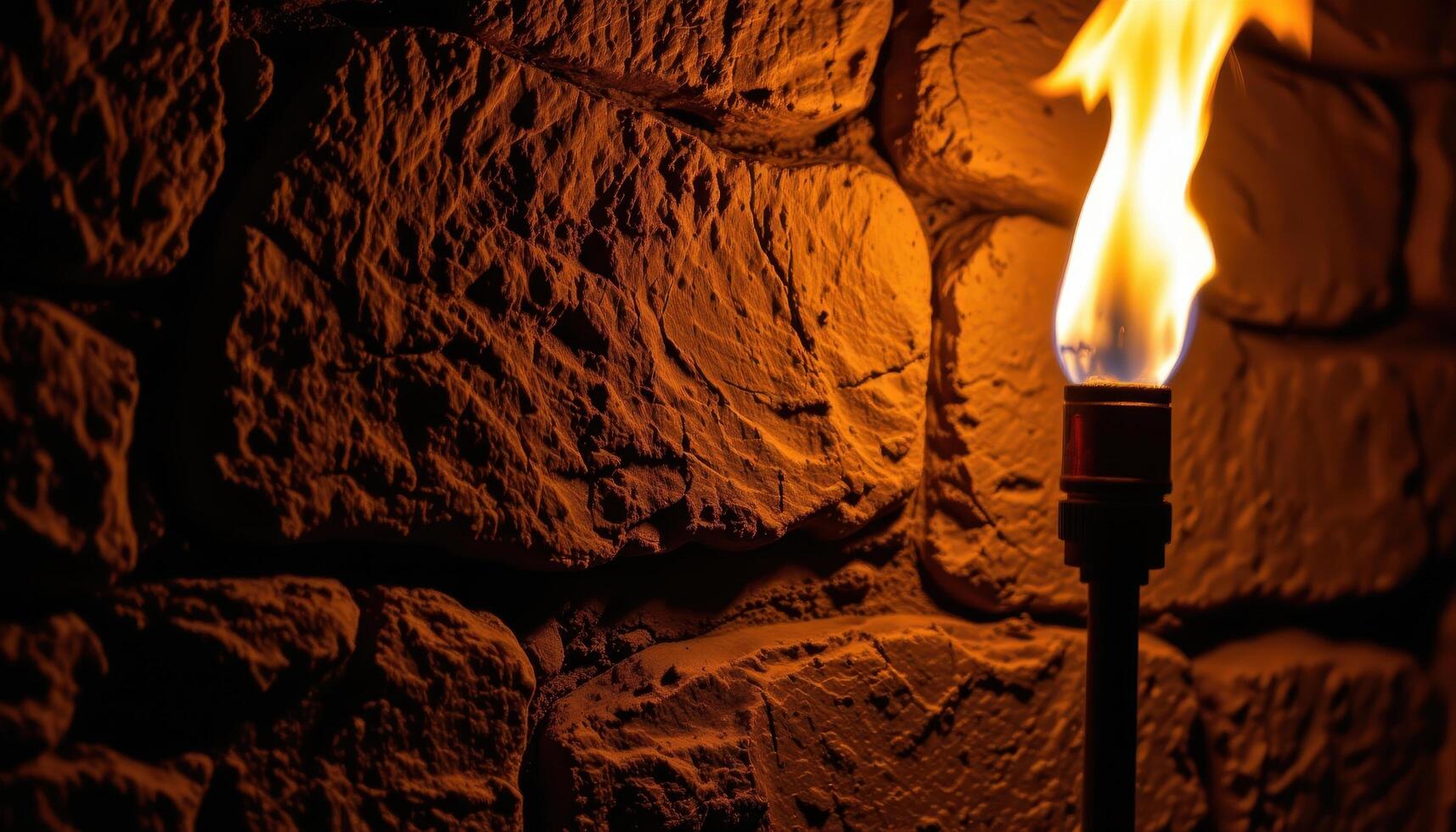 close up view of a torch flame burning steadily on a stone wall at night, the bright fire casting deep, dancing shadows across the textured surface. photo