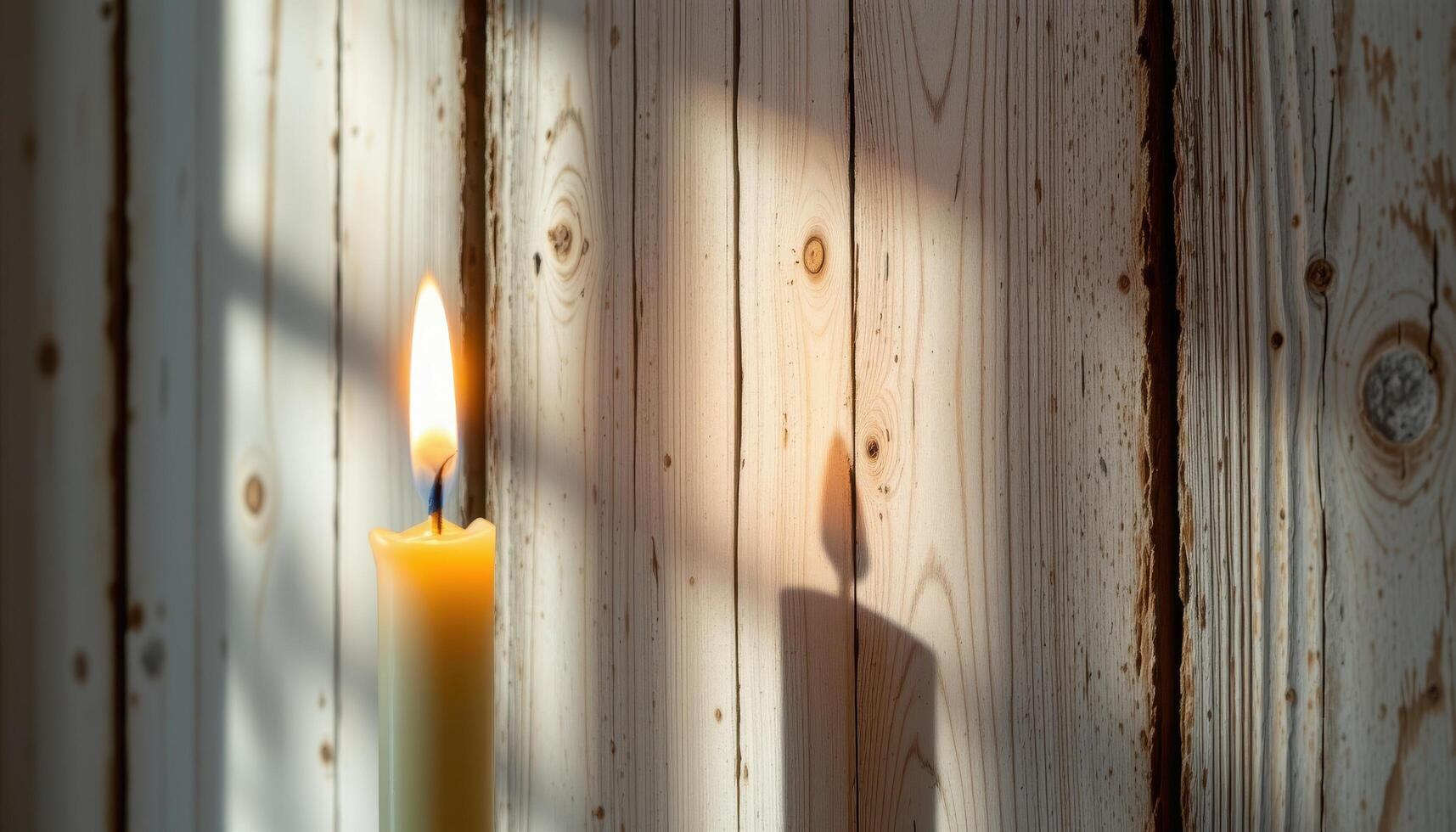 close up view of a flickering candle flame casting dancing shadows on textured wooden walls. photo