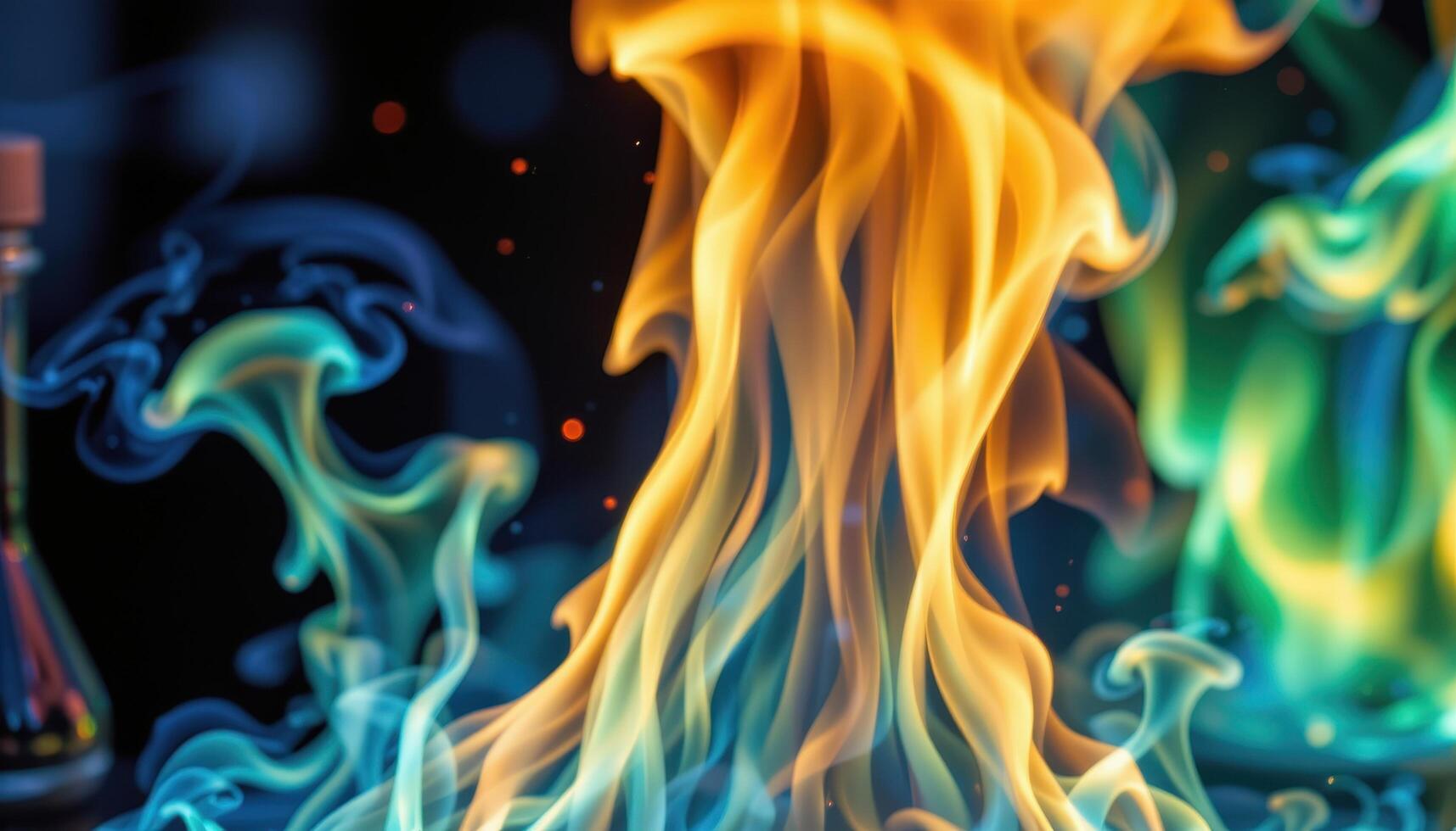 close up view of blue and green flames created by chemical reactions in a lab environment, their vibrant colors shimmering and contrasting sharply against a dark backdrop. photo