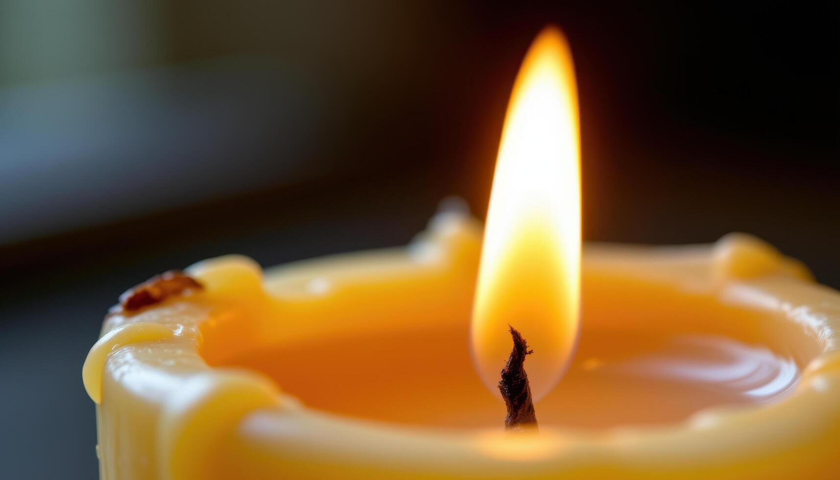 close up view of a flame curling gently around the wick of a beeswax candle, with melted wax slowly dripping down the sides in golden rivulets. photo