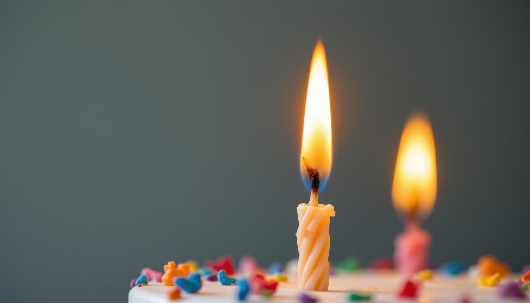 close up view of the gentle flicker of flame on a birthday candle, illuminating colorful wax drips. photo