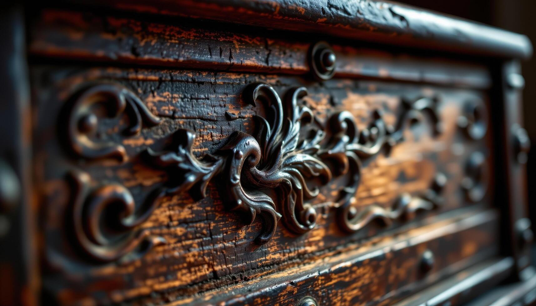 close up view of firelight illuminating intricate carvings on an old wooden chest, creating warm highlights and shadows. photo