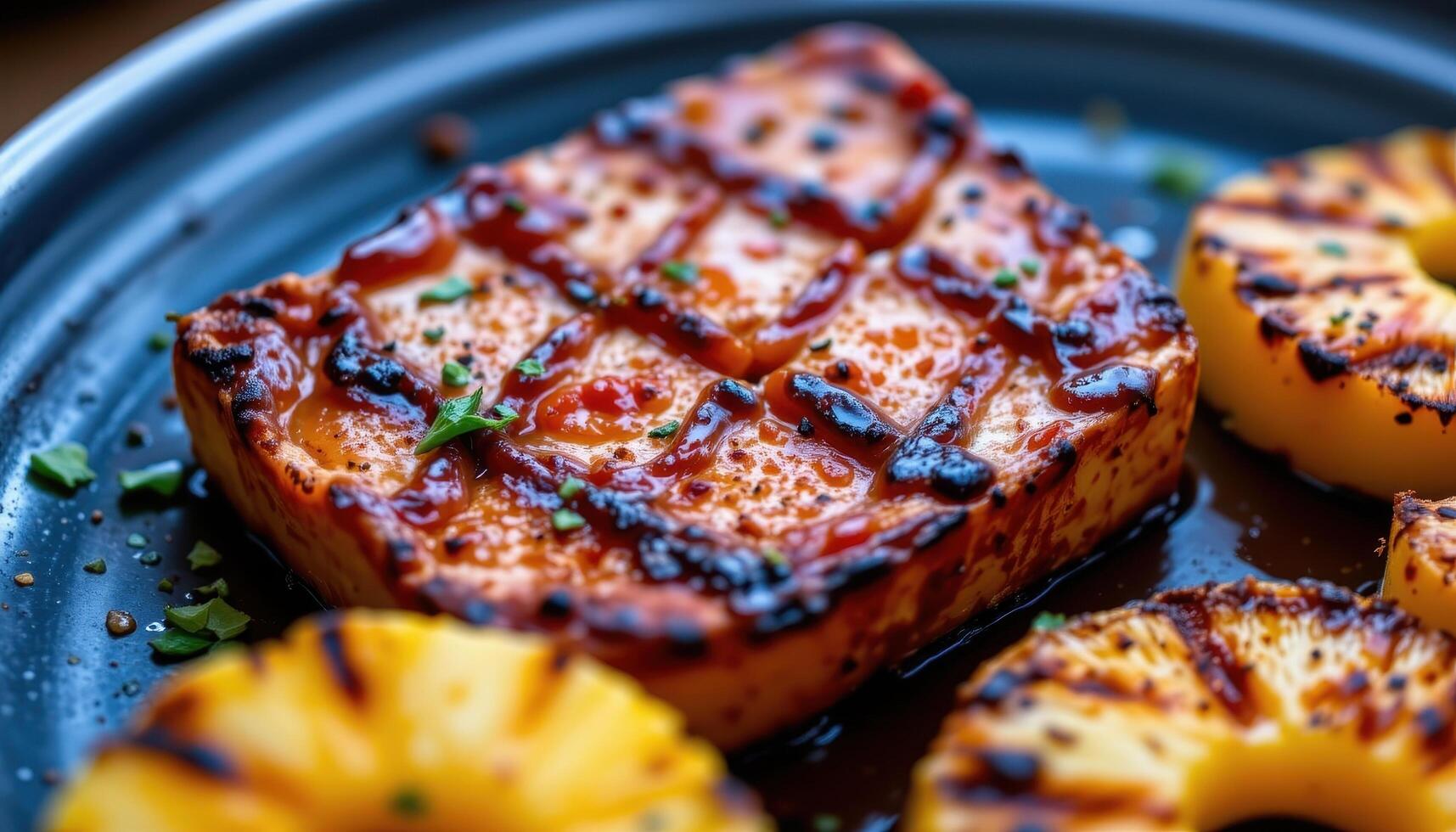 close up view of barbecued tofu steaks basted with maple chipotle glaze and grilled pineapple. photo