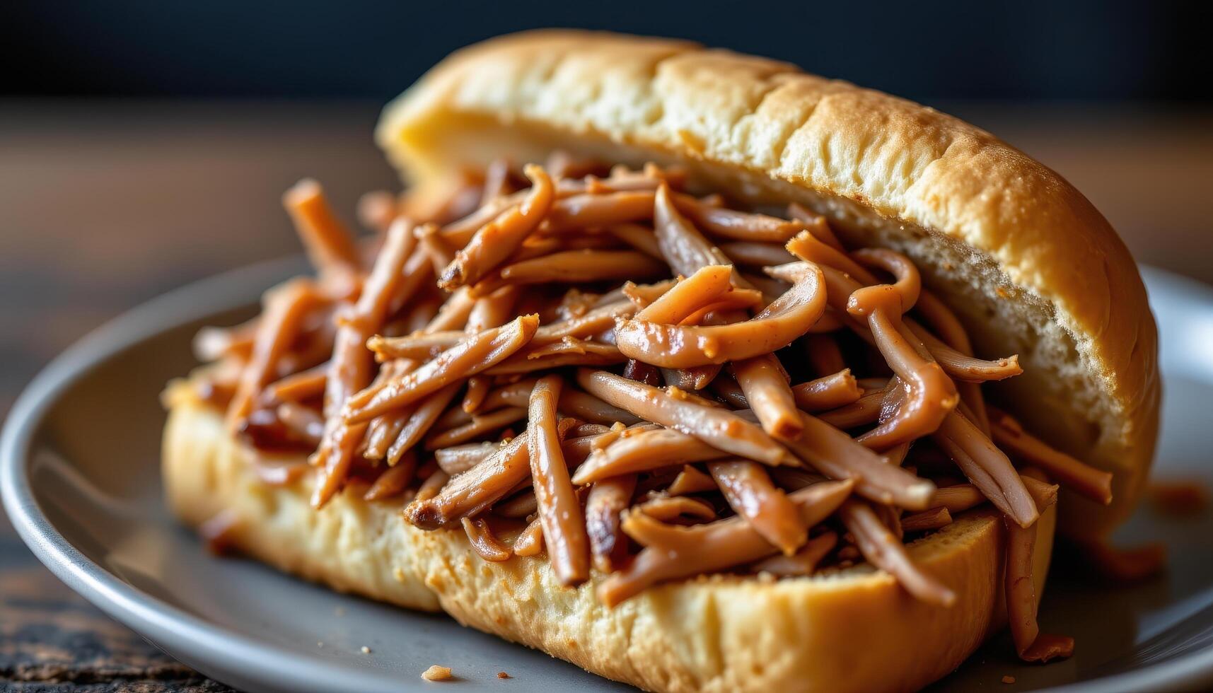 close up view of pulled pork piled on toasted bread with strands of meat glistening in rich sauce. photo