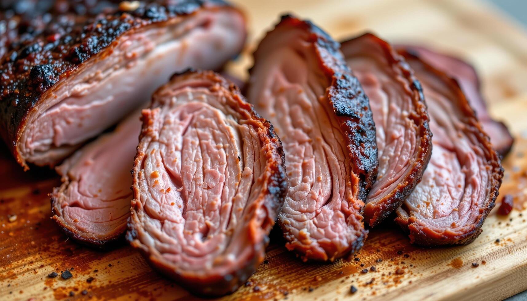 close up view of smoked brisket slices arranged on wooden board with barbecue rub crust. photo
