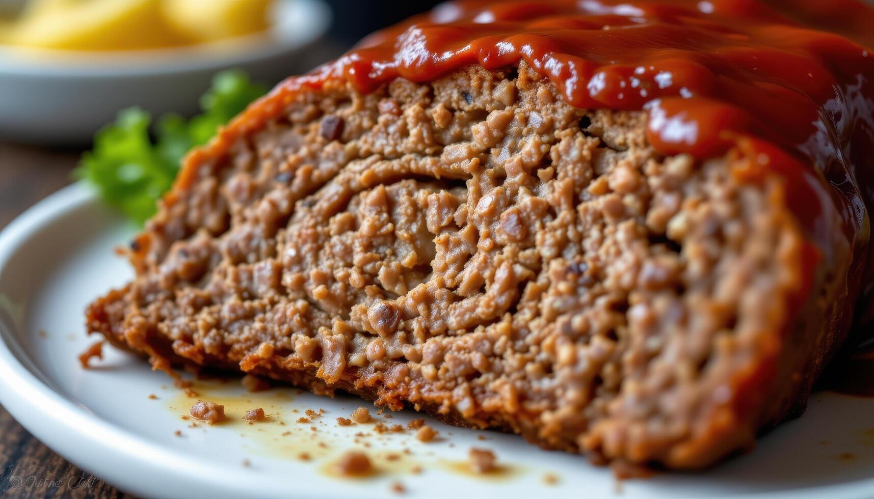 close up view of bbq glazed meatloaf sliced open revealing moist center with caramelized ketchup topping. photo