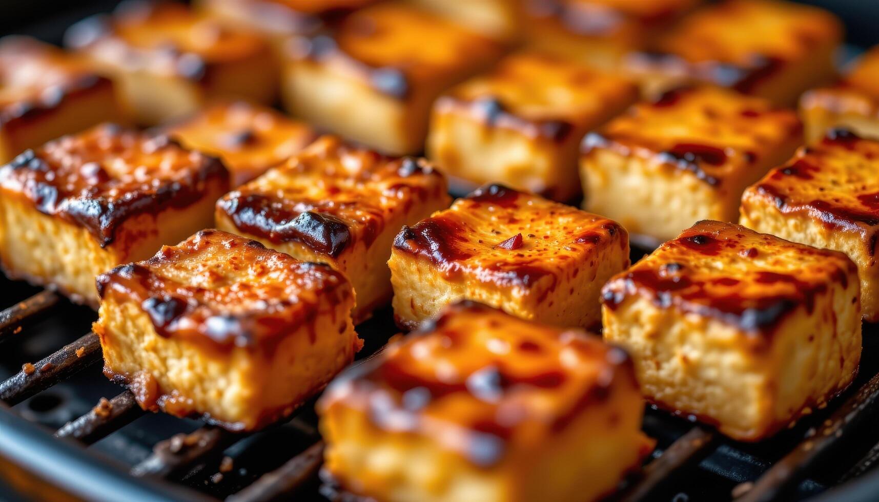 close up view of golden barbecue glazed tofu cubes lined neatly over a grill with crispy char marks and spice flakes. photo