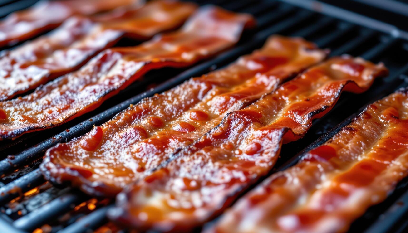 close up view of bbq bacon slices crisped and caramelized with maple glaze on flat grill. photo