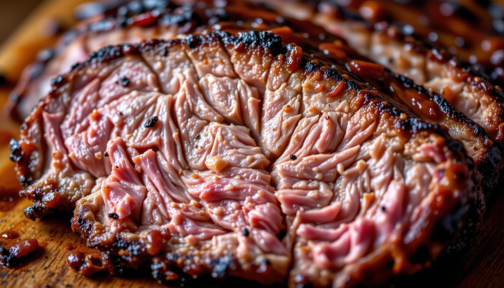 close up view of flame seared beef brisket sliced to reveal tender marbling and sticky barbecue glaze dripping down the edges. photo