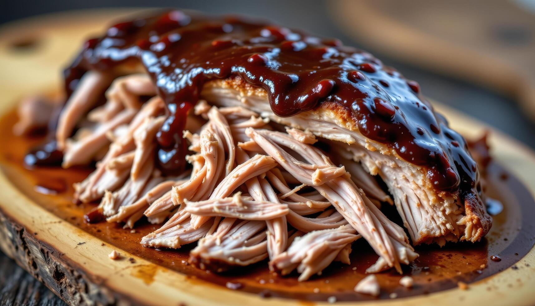 close up view of pulled pork drenched in dark barbecue sauce, piled high on a wooden slab with scattered crispy edges. photo