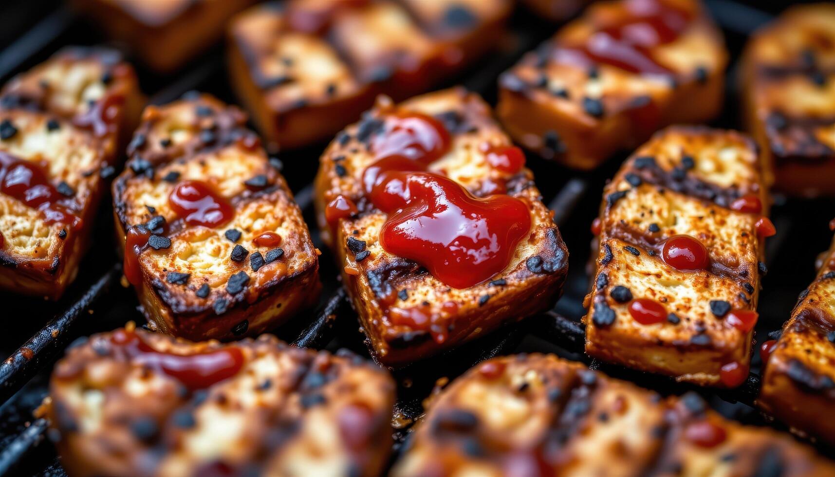 close up view of grilled tempeh strips coated with tangy barbecue sauce and grill marks. photo