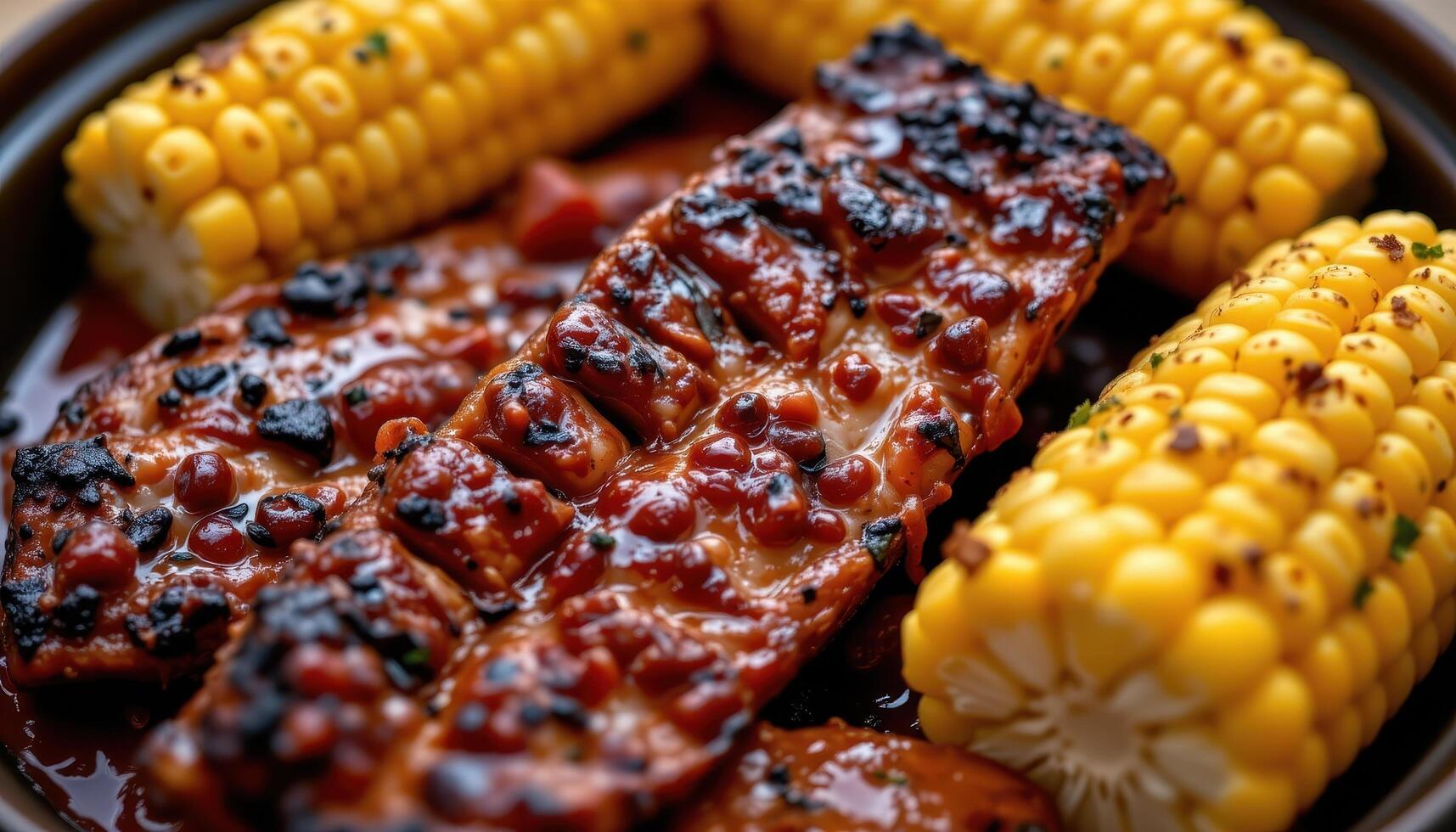 close up view of bbq ribs and corn on the cob arranged with pools of melted butter and sauce. photo
