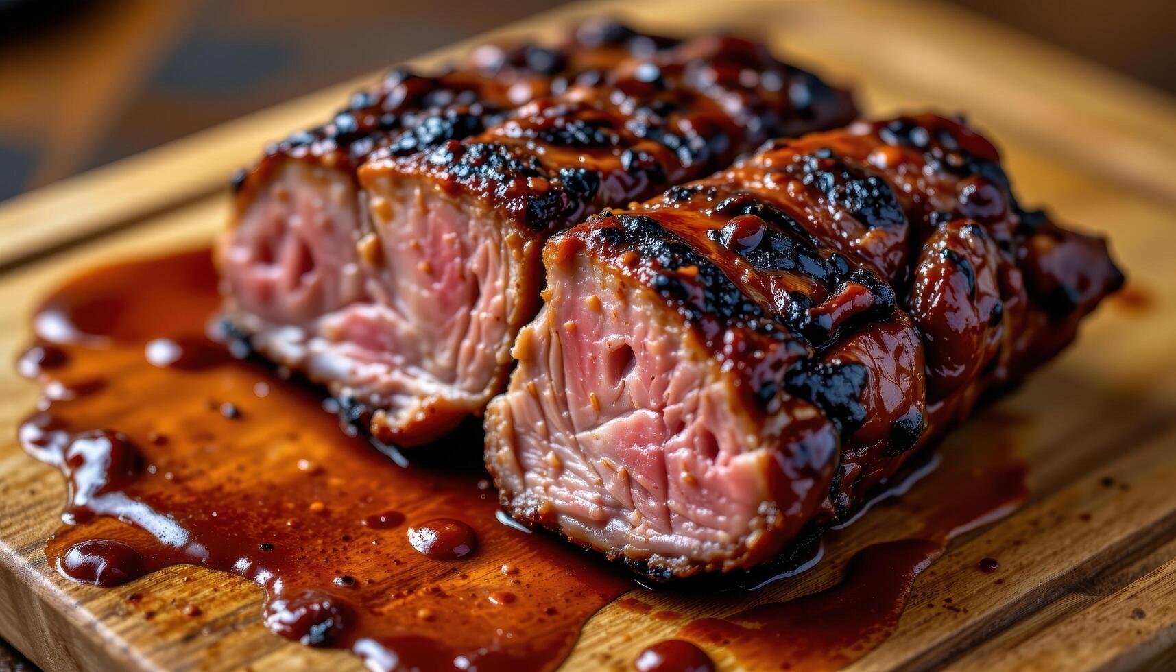 close up view of barbecued duck breast with charred skin and glossy sauce dripping onto wood board. photo