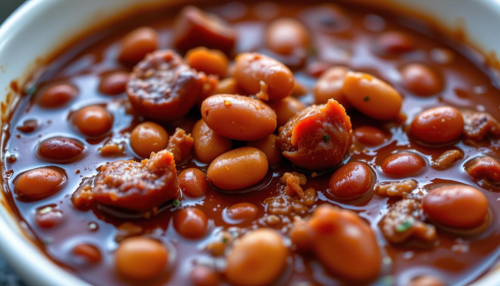 close up view of barbecued baked beans with thick sauce and chunks of smoked meat. photo