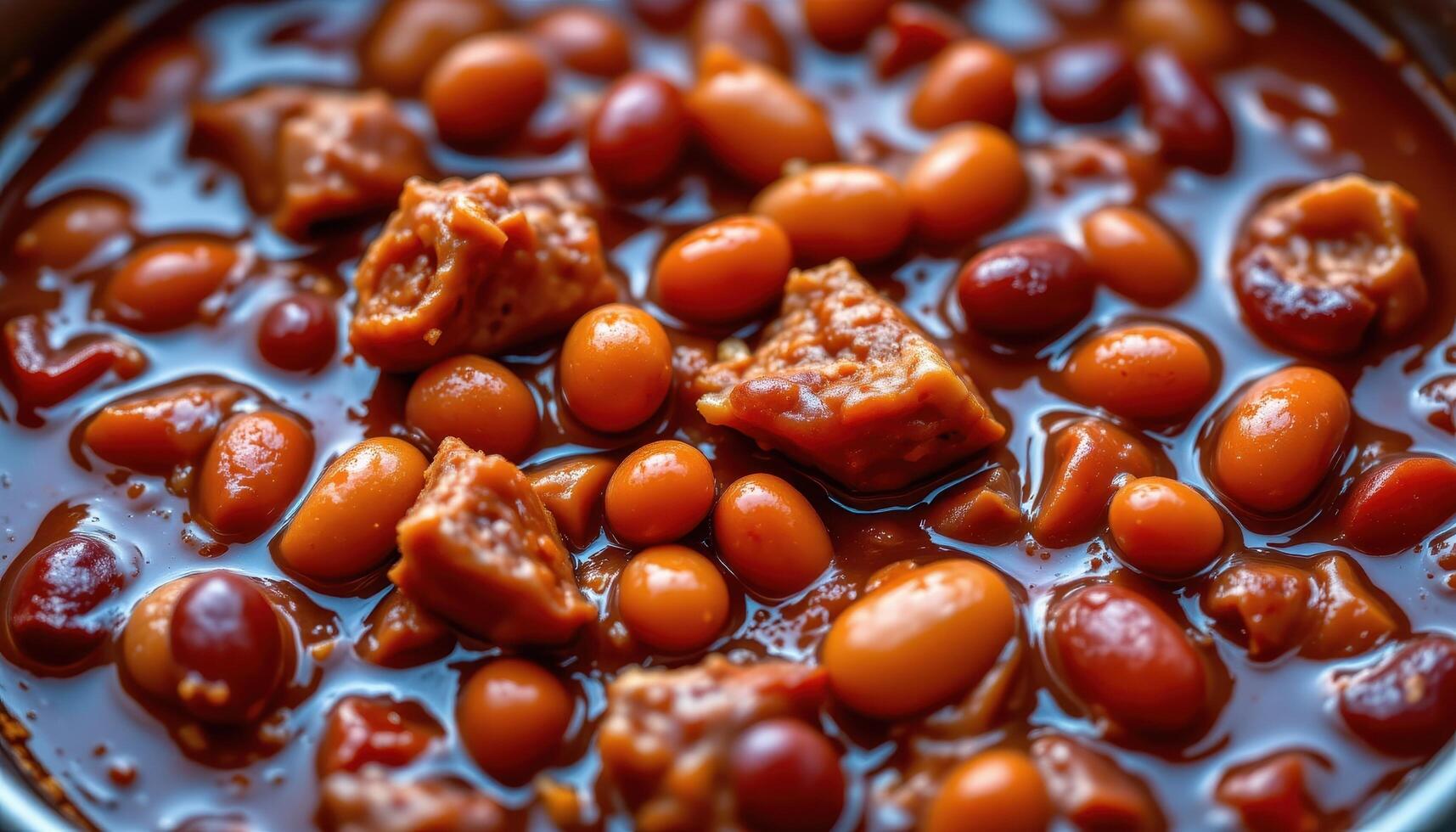 close up view of bbq baked beans with slow cooked chunks of brisket and thick bubbling sauce. photo