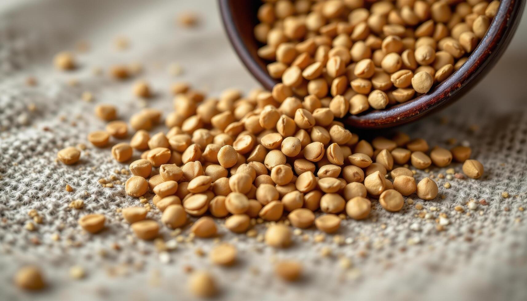 close up view of brown fenugreek seeds falling gently from a tilted bowl onto coarse canvas. photo