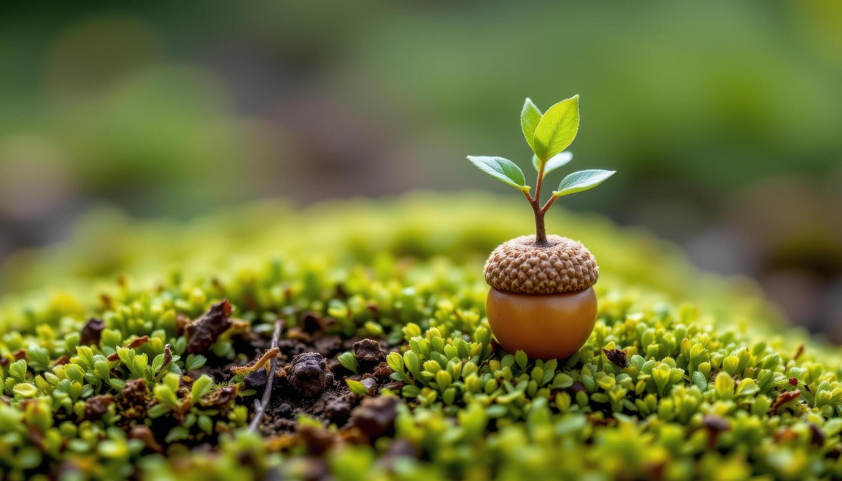 close up view of sapling emerging from acorn seed on moss bed. photo