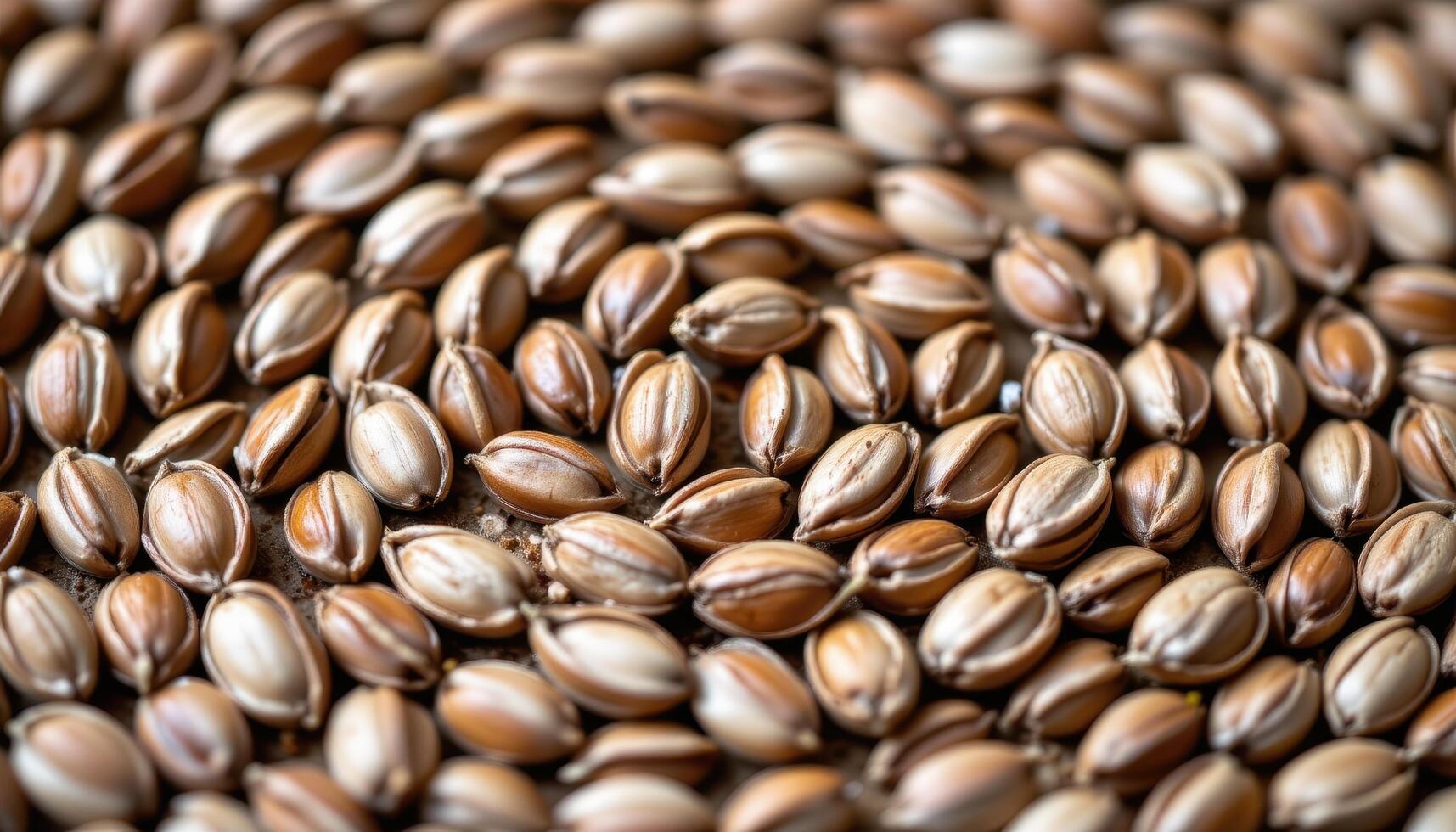 close up view of a collection of flax seeds arranged in a spiral pattern, showing subtle sheen and reddish brown color. photo