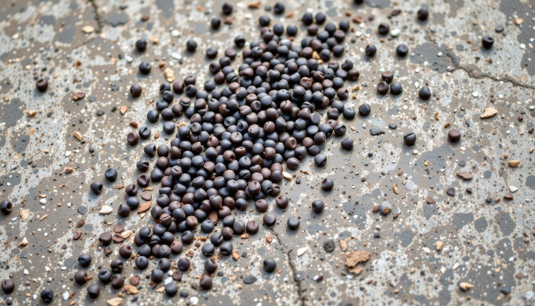 close up view of canola seeds spilled across a concrete surface, tiny, round, and darkly colored. photo