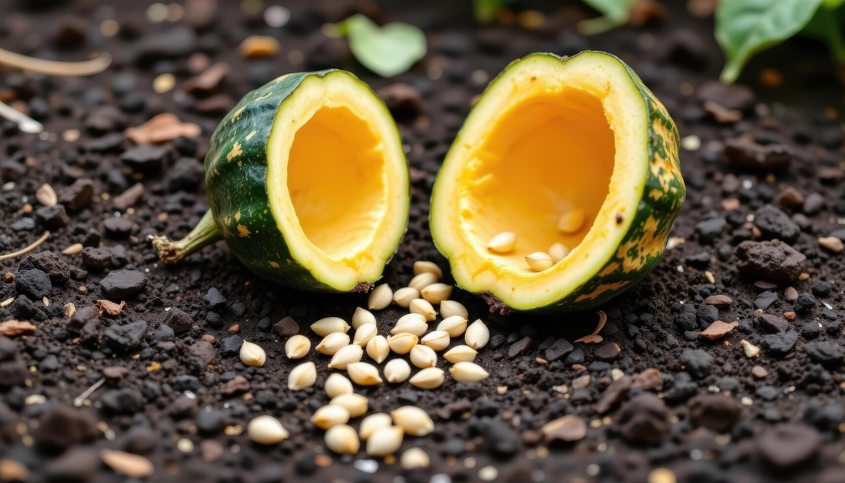 close up view of a gourd split open with seeds scattered across dark soil in a garden setting. photo