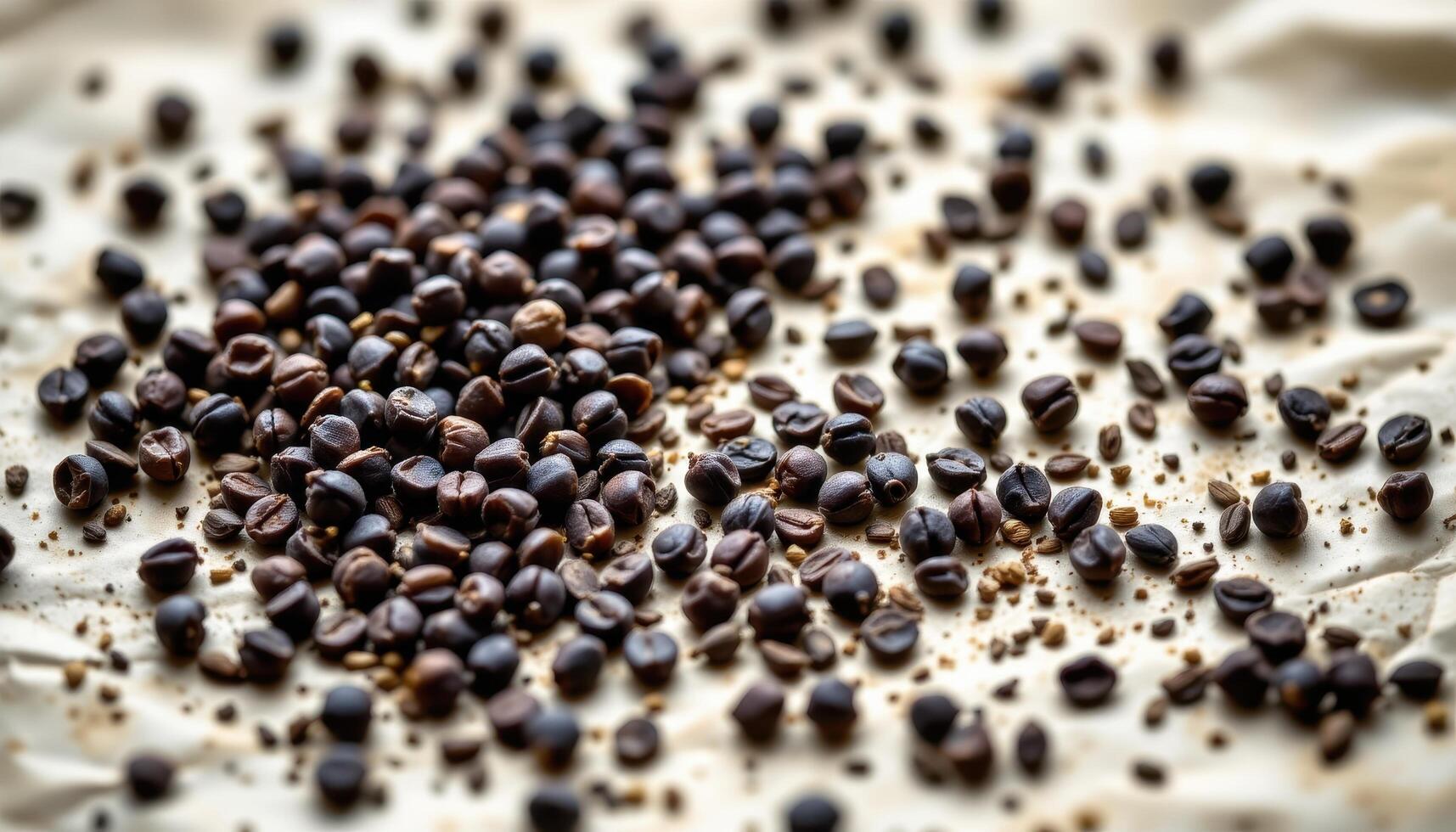 close up view of black cumin seeds scattered randomly on parchment paper, revealing their wrinkled texture. photo