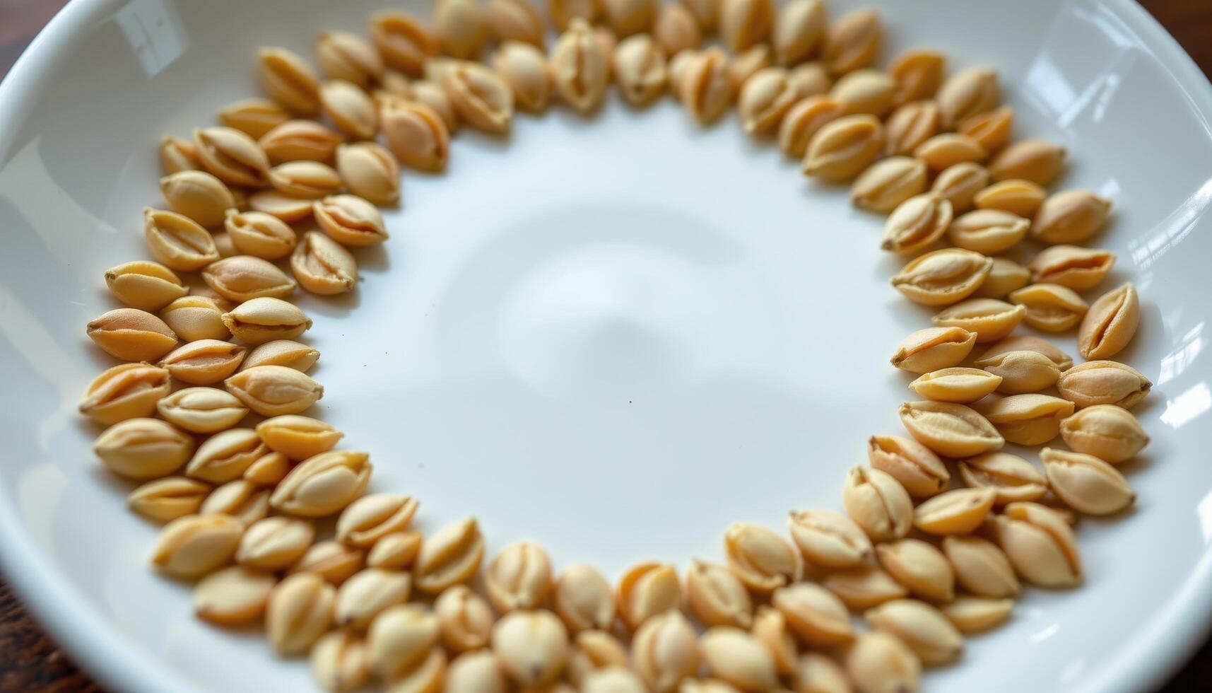 close up view of apple seeds arranged in a circular pattern on a white porcelain dish, shining under overhead light. photo