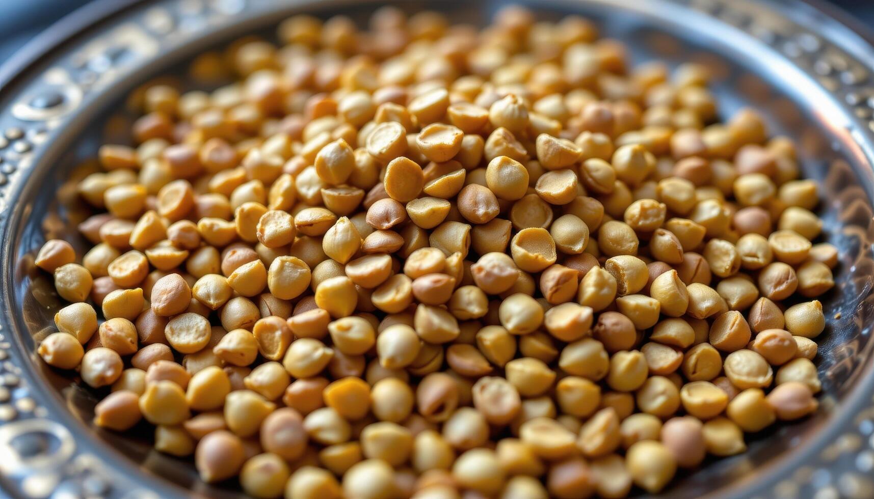 close up view of mustard seeds clustered on a vintage brass plate, showcasing varying shades of yellow and brown. photo