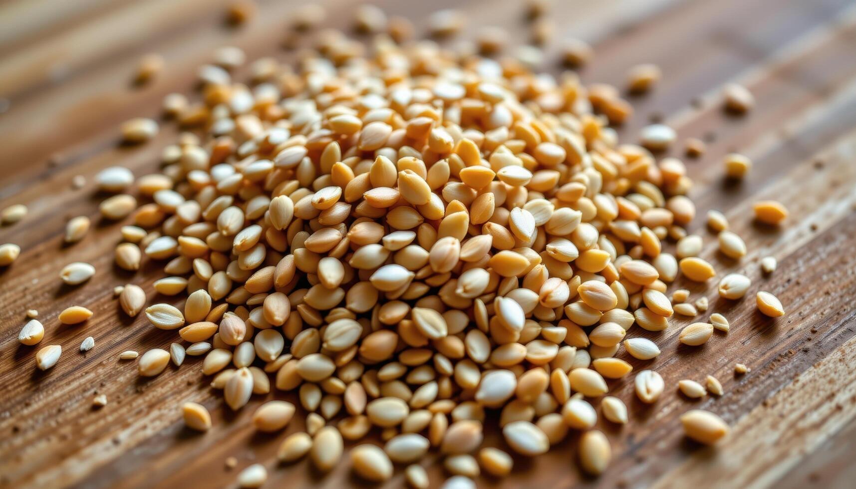 close up view of sesame seeds toasted to golden perfection, aligned neatly on a wooden cutting board. photo