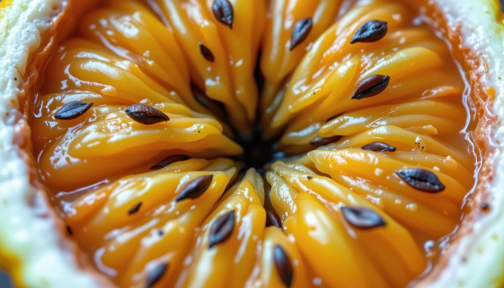 close up view of passion fruit interior with juicy yellow orange pulp and scattered dark seeds. photo