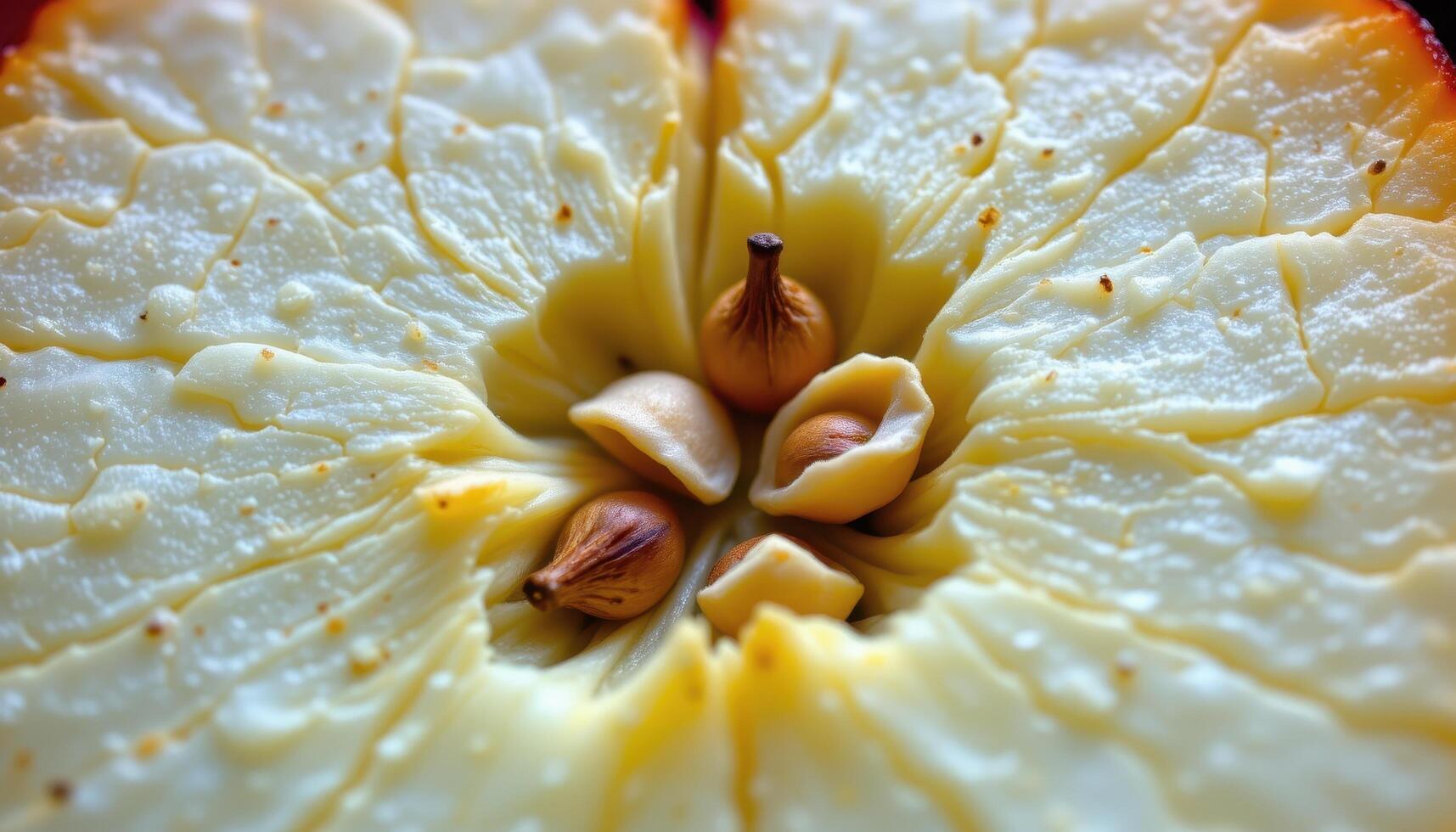 close up view of sugar apple seeds nestled in creamy white flesh with fibrous details. photo