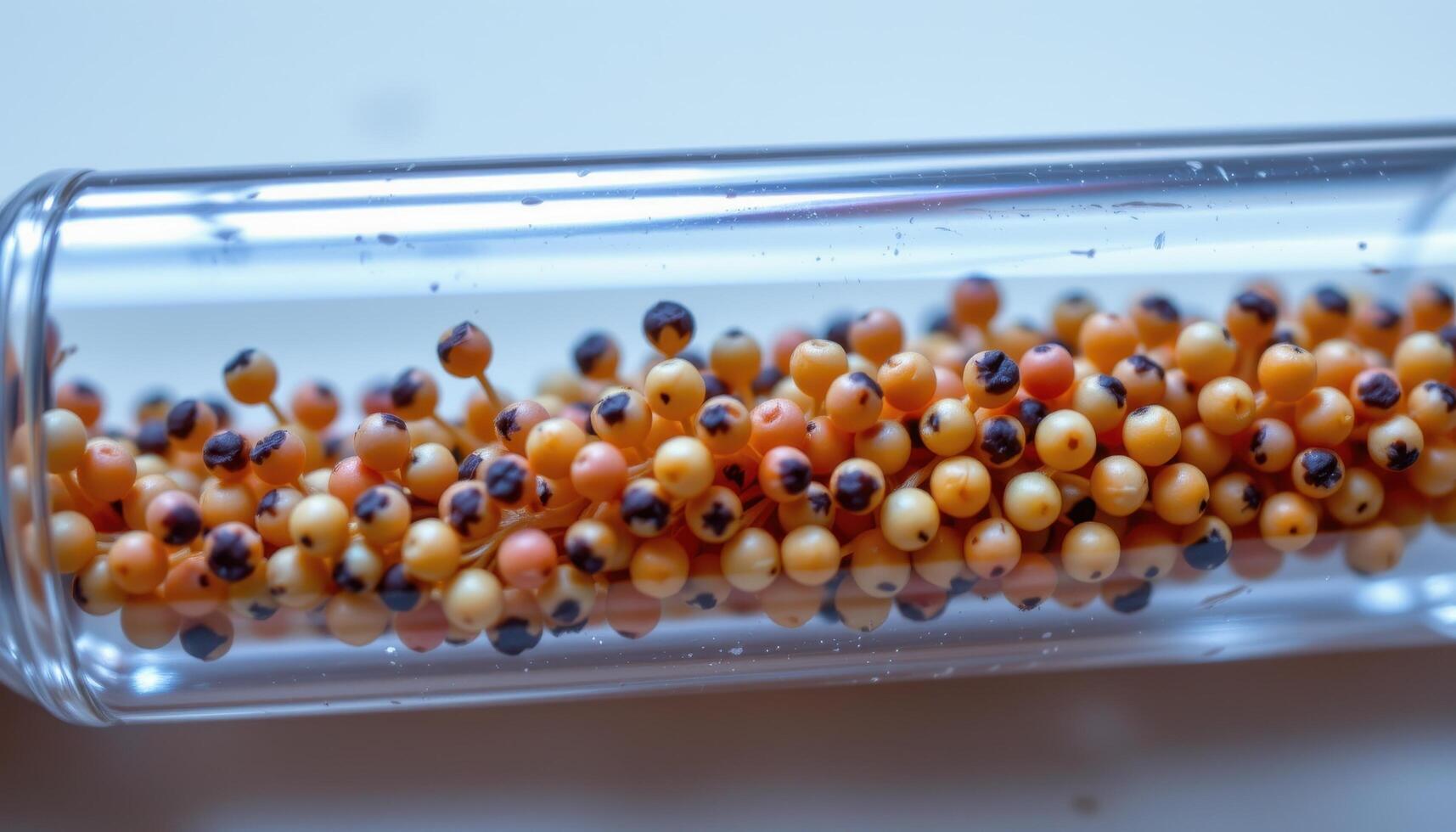 close up view of tiny orchid seeds clustered in a glass vial under high magnification. photo