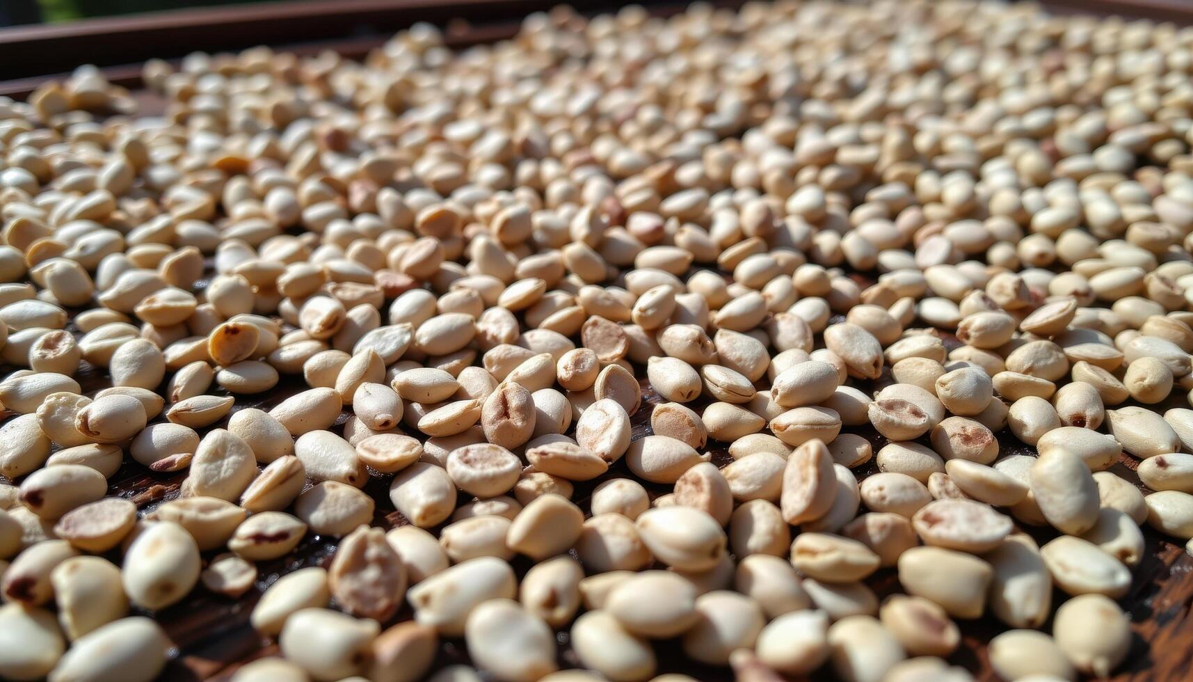 close up view of fresh tamarind seeds drying in the sun on a wooden rack. photo