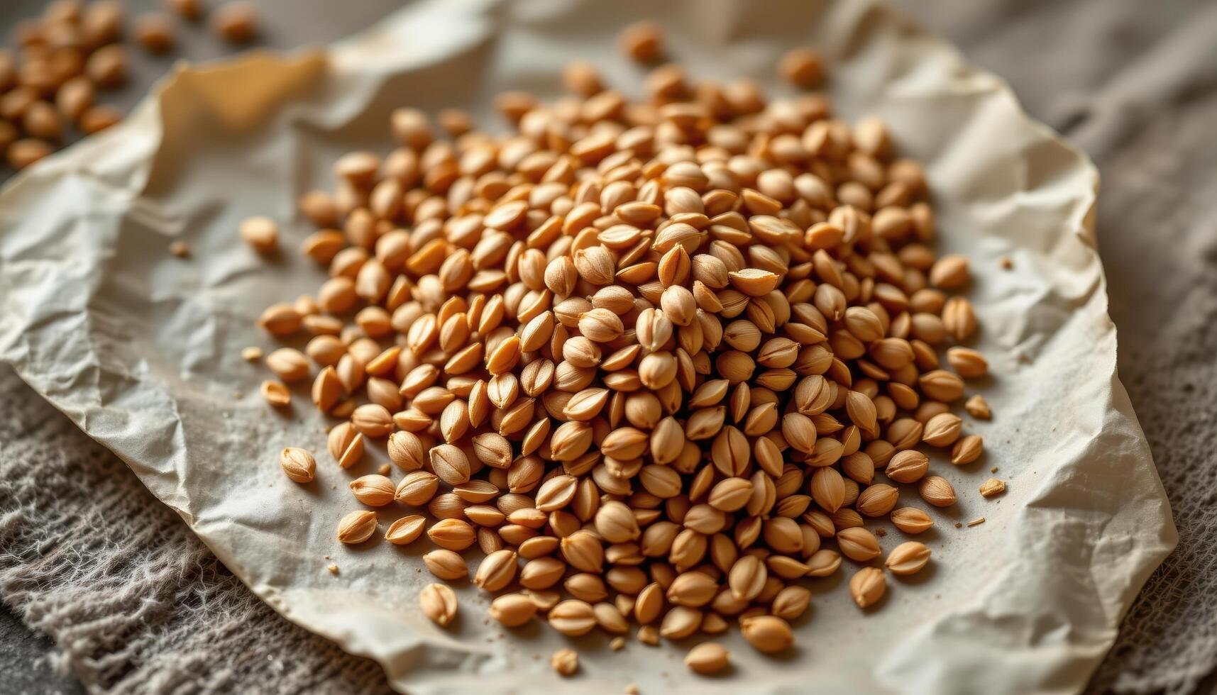 close up view of golden flax seeds densely grouped on handmade parchment paper with fibrous texture. photo